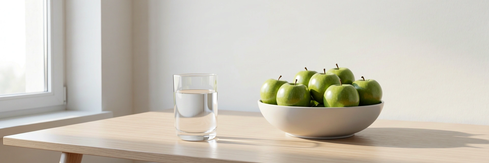 Frische Äpfel und klares Wasser auf einem Holztisch